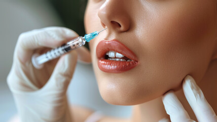 Syringe near woman's chin, beauty injections with fillers for lips correction.generative ai
