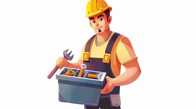 An illustration features a handyman in yellow attire and a hard hat, holding a toolbox filled with various tools and a wrench, depicting readiness and efficiency.