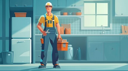 Young handyman standing in a modern kitchen holding a toolbox and wearing a protective helmet, signifying readiness and professionalism in a clean and organized work environment.