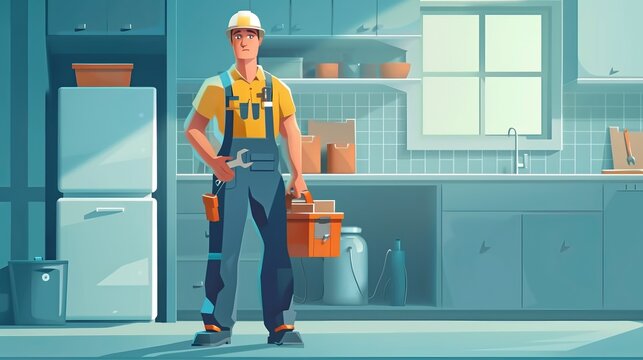 Young handyman standing in a modern kitchen holding a toolbox and wearing a protective helmet, signifying readiness and professionalism in a clean and organized work environment.