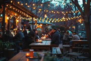 Twilight charm at a cozy outdoor bar with patrons enjoying ambient lit drinks