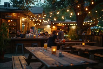 Twilight ambiance at an intimate outdoor bar with patrons and a busy bartender