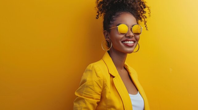 A happy businesswoman in a vibrant yellow outfit poses for a stock image, reflecting joy and professionalism