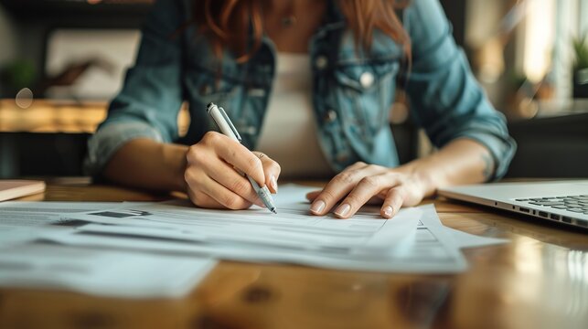 A woman is writing notes on documents spread across a wooden desk with a laptop nearby, suggesting productivity, organization, and focused work in a modern workplace setting.