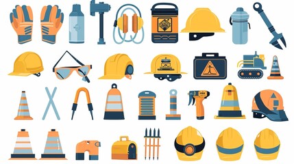 A colorful illustration depicting a wide array of construction tools and safety gear, such as gloves, helmets, and signs, emphasizing the importance of safety in construction work.
