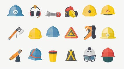 A diverse set of illustrated safety accessories and tools, highlighting helmets, gloves, and other protective equipment, essential for ensuring safety in various workplaces.