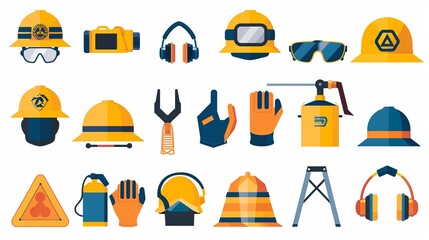 Various pieces of construction safety equipment illustrated in a flat style, including helmets, gloves, glasses, and other protective gear, showcasing workplace safety essentials.
