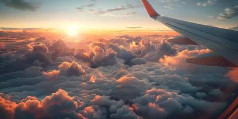 A plane is flying through a cloudy sky with a beautiful sunset in the background
