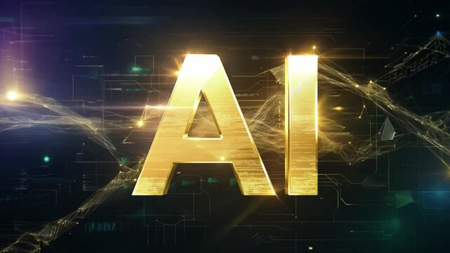 A glowing, gold AI logo sits against a digital background with lines of code and abstract shapes.