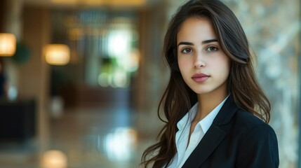 Obraz premium A Hispanic young woman in a professional lawyer's outfit, ready to advocate
