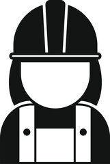 Simple and recognizable black and white icon of a female construction worker wearing a hard hat and overalls