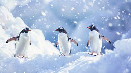 Group of penguins waddling on icy snow.