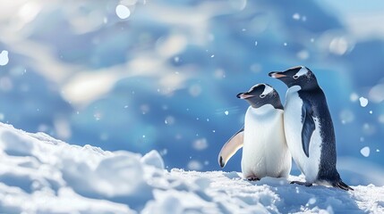 Fototapeta premium Cute penguins walking on a snowy surface.