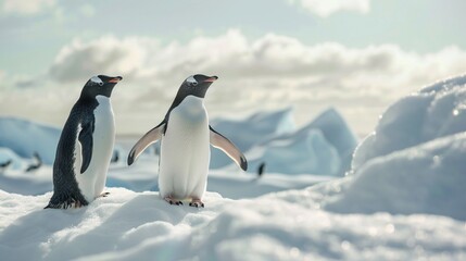 Adorable penguins exploring a snow-covered area.