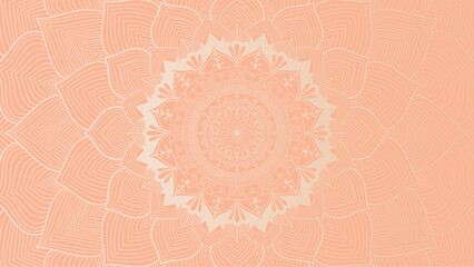 Round mandala on dreamy peach fuzz gradient background. Translucent mesh pattern in the form of a mandala. Mandala with floral patterns. Pastel Yoga template. Gradient background with round mandala.