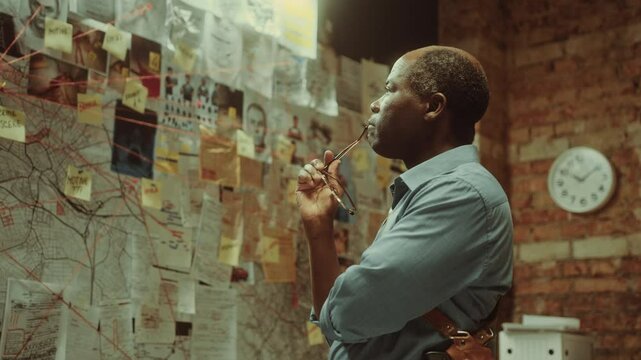 Senior Black detective holding eyeglasses analyzing evidence board thoughtfully, then posing at camera in dimly lit office during night. Video portrait