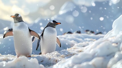 Fototapeta premium A group of penguins with snowy scenery around them.