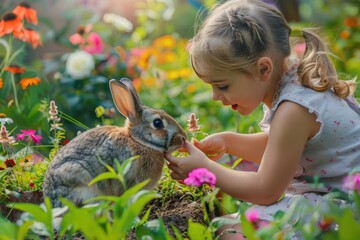 Two joyful children sharing a tender moment feeding their pet rabbit amidst a vibrant garden on a sunny day
