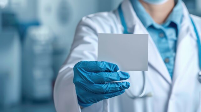 Doctor holding blue gloved hand with card reading Covid 19 Lambda Variant Concept of medical and COVID 19 lambda variant strain Blank space for writing