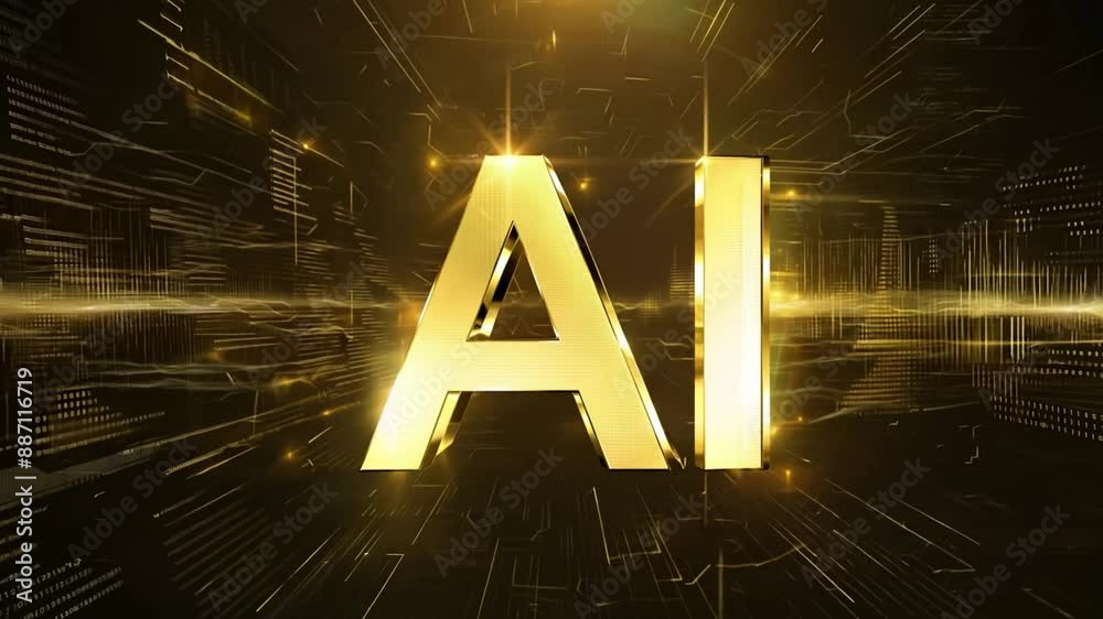 Poster a 3d golden text rendering of ai on an abstract circuit board background.