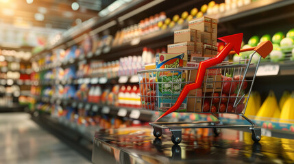 "Rising food costs concept featuring groceries with a red upward arrow. 3D rendering and illustration."


