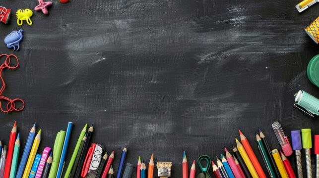 This image showcases a chalkboard surrounded by a vast array of art supplies including colored pencils and pens, ideal for educational and artistic themes.