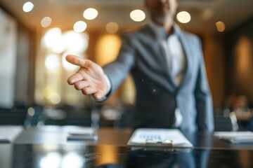 Businessman Reaching Out Handshake Gesture Meeting Partnership Concept Grey Suit