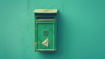 Green letterbox with protruding envelope against blue backdrop
