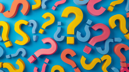 "colorful question marks on a blue background."