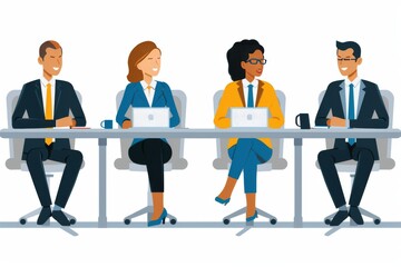 Obraz premium Cartoon illustration of diverse business team in a meeting, focusing on collaboration and strategy.