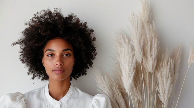 A striking portrait of a woman with a natural afro hairstyle, standing against a minimalist background with dried pampas grass, portraying elegance and simplicity. - Powered by Adobe