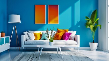 Modern living room with bright blue walls and colorful decor. White sofa with vibrant cushions and abstract wall art. Sunlit space with contemporary furniture and indoor plant. 