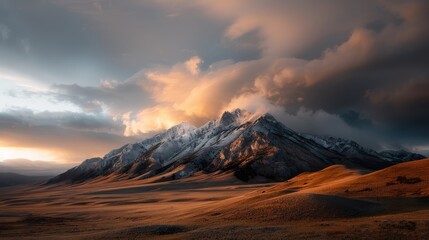 A stunning image of snow-capped mountains bathed in the warm, golden light of sunset, highlighting the rugged terrain and creating a breathtaking and majestic view.