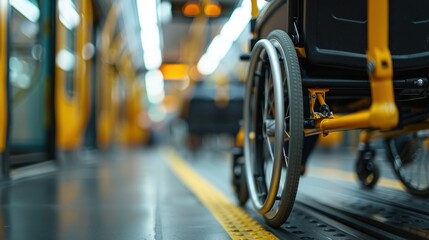 Fototapeta premium A detailed view of a wheelchair in the bustling environment of a subway station, highlighting accessibility and modern public transportation facilities.