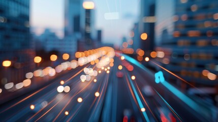 An urban landscape showcasing a city skyline with bright lights and blurred motion effects, highlighting the hustle and bustle of modern city life and its dynamic energy.