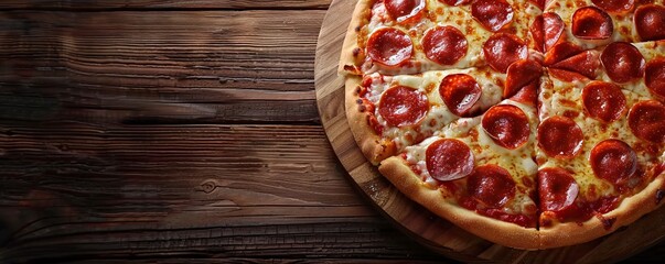 Pepperoni pizza with a golden crust on a rustic wooden surface.