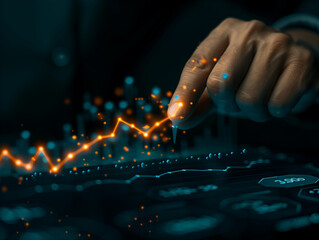 A hand interacts with a glowing financial chart, highlighting data on a rising line graph, symbolizing real-time trading, financial analysis, and dynamic market trends