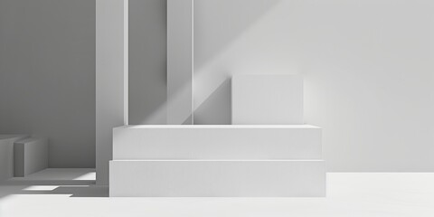 Obraz premium A minimalist scene showcasing white geometric architectural shapes with dramatic sunlight and shadows effects.