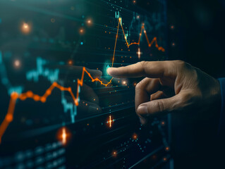 A hand interacts with a glowing financial chart, highlighting data on a rising line graph, symbolizing real-time trading, financial analysis, and dynamic market trends