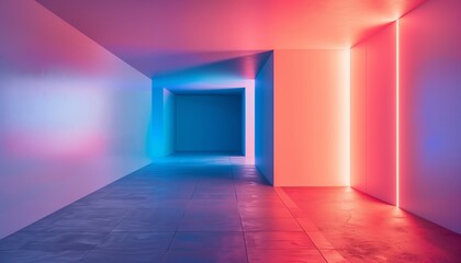 A futuristic corridor illuminated with neon lights in vibrant colors, creating a sense of depth and modern flair.