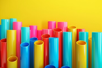 Fototapeta premium Abstract composition featuring an array of vertical cylindrical structures in vibrant colors against a yellow background.