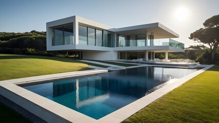 Fototapeta premium A beautiful white villa with a large lawn and swimming pool