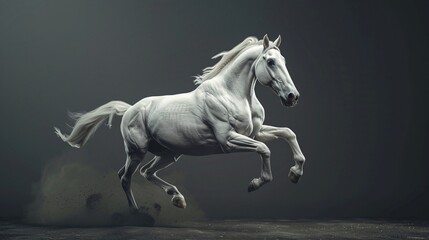 A majestic white horse galloping through a field.