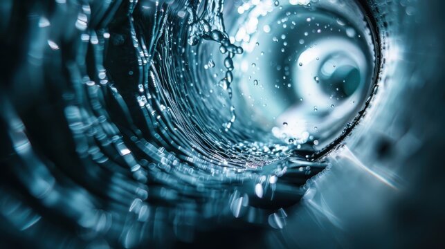A mesmerizing view inside a water-filled pipe tunnel with droplets of water visible, capturing the dynamic flow and engineering marvel of modern plumbing.