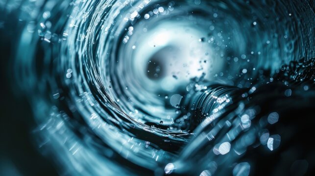 A close-up depiction of the inside of a water pipe swirling with fluid, droplets, and light encapsulating the continuous flow and masterful engineering of plumbing systems.