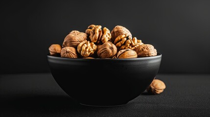 Walnuts with a golden hue placed in a black bowl against a black backdrop