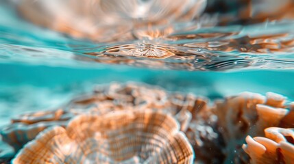 An underwater scene featuring a stunning coral landscape with prominent orange hues and rippling surface effects, illustrating the vibrant underwater ecosystem.