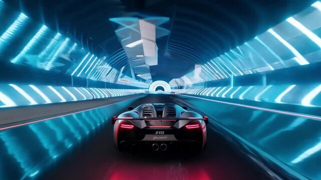 A sports car drives through a futuristic tunnel with glowing blue and red lights.