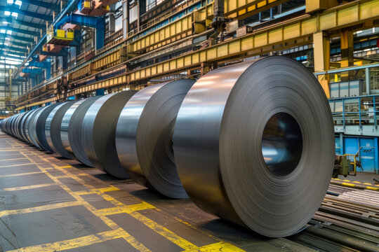 Large rolls of steel sheet in a factory warehouse in a row close up
