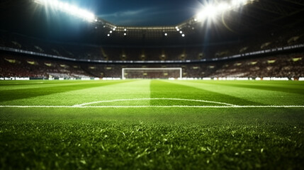 Football field at night, illuminated by stadium lights. Green grass macro in sports arena